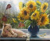 Без бренда «Подсолнухи в синей вазе возле кота» в Якутске в интернет-магазине  Без бренда «Подсолнухи в синей вазе возле кота» в Якутске