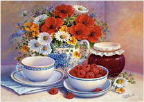 Малина и букетик ромашек с анютиными глазками