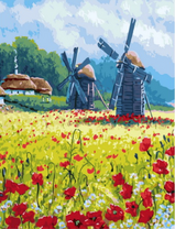 Поляна маков и ромашек возле деревни