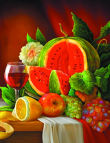 Натюрморт с арбузом, вином и фруктами