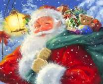 Санта с подарками в зимнем лесу