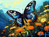 Синекрылая бабочка на цветочной поляне