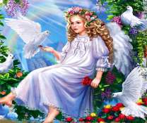 Ангел и голуби в цветущем саду