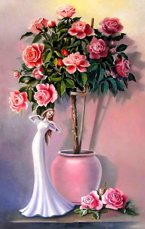 Картина по номерам 40x50 Цветущий куст роз в горшочке