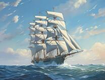 Трехмачтовый корабль на полных парусах
